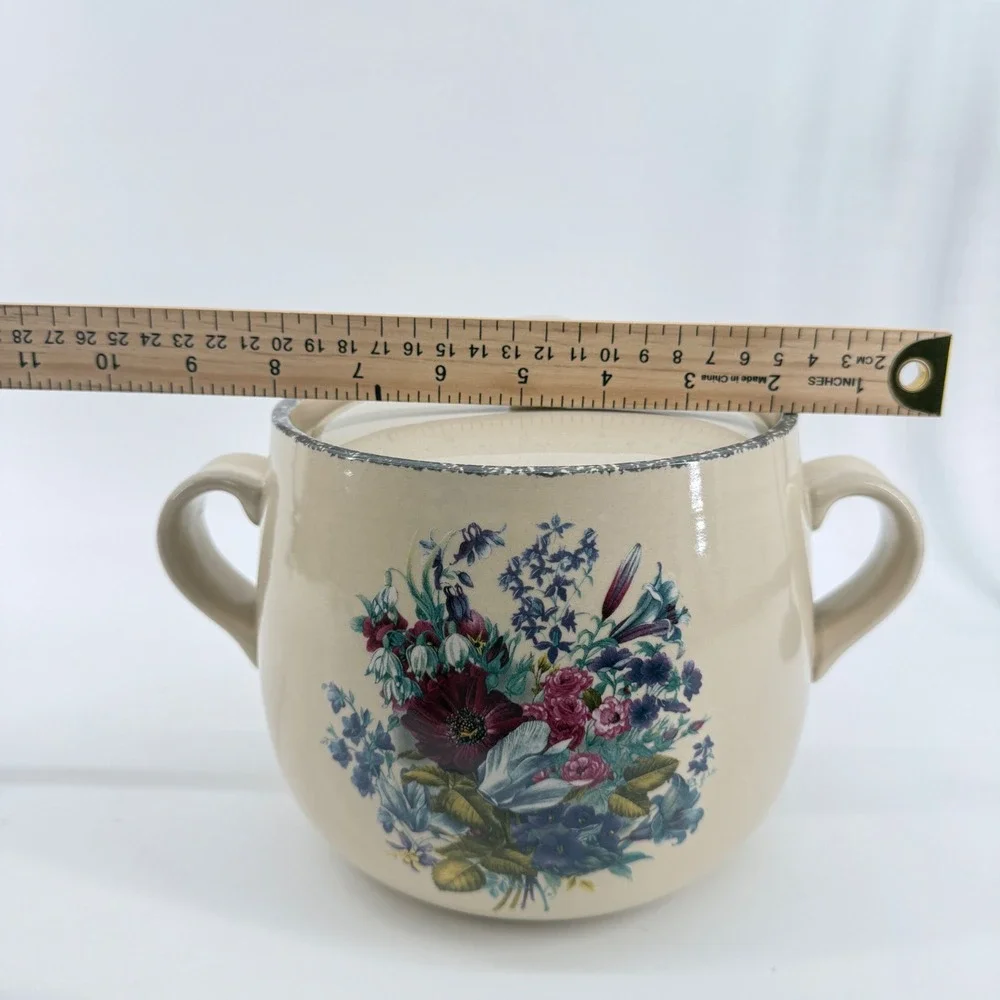 Home & Garden Party Bean Pot Floral Stoneware Cream Lidded Crock 2005